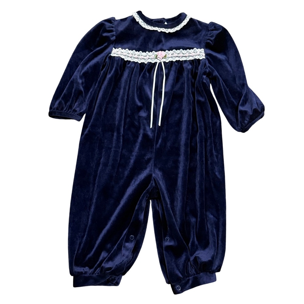 VTG 90's girls Velvet Navy Blue Holiday Winter Outfit size 18 months Youngland
